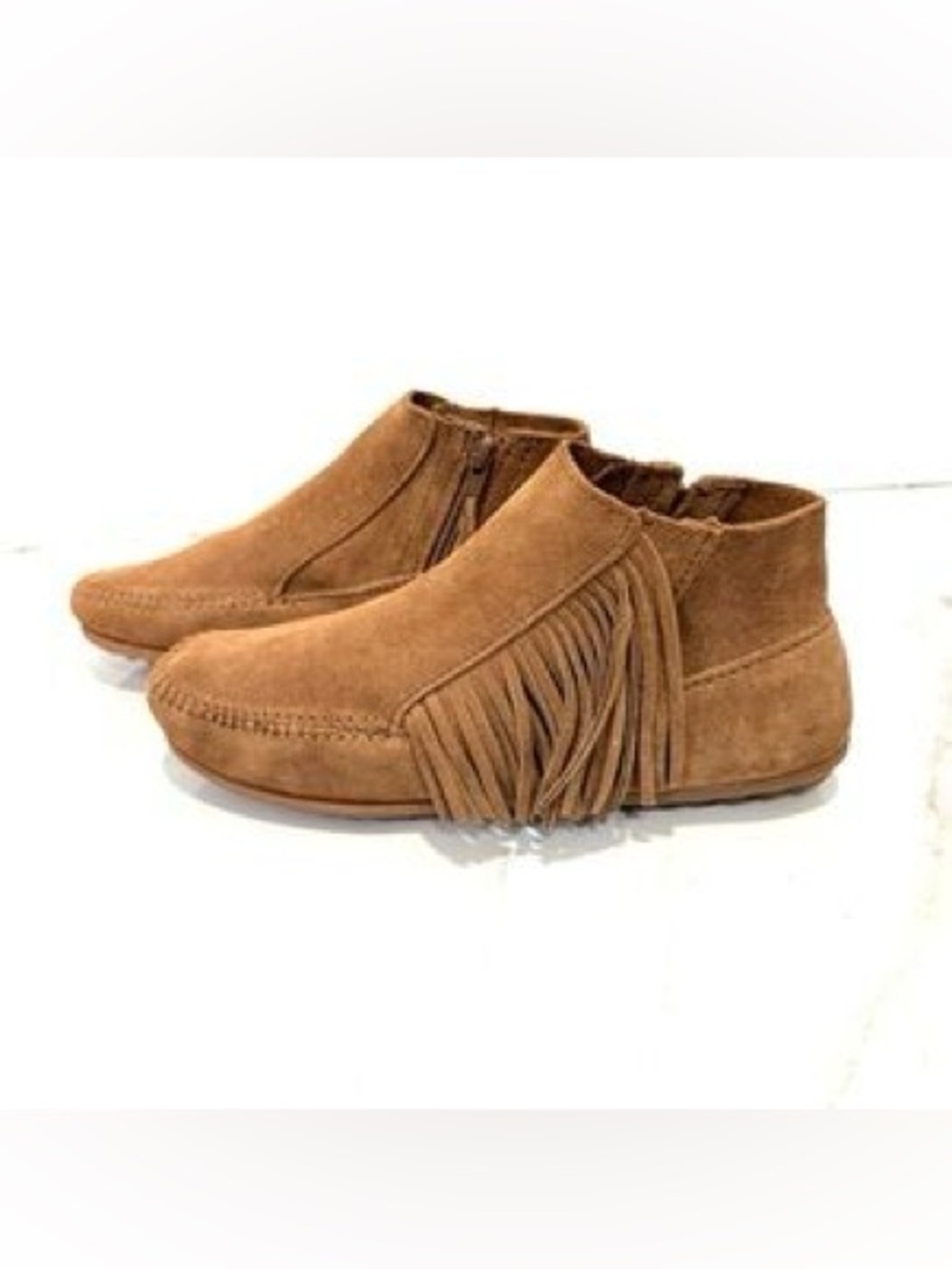 Women’s 7 Minnetonka Brown Suede Leather Fringe Ankle Moccasin Side Zip